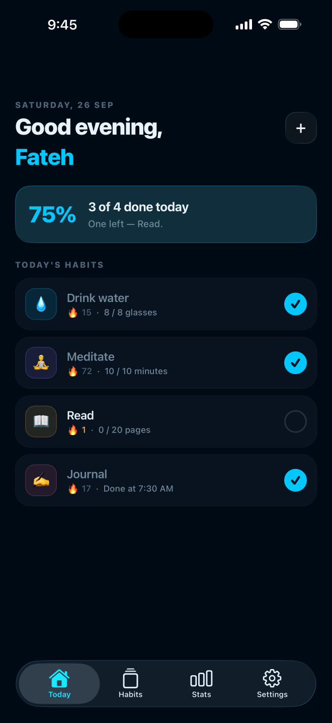 Habitfinity today screen, listing the habits scheduled for the day with their progress